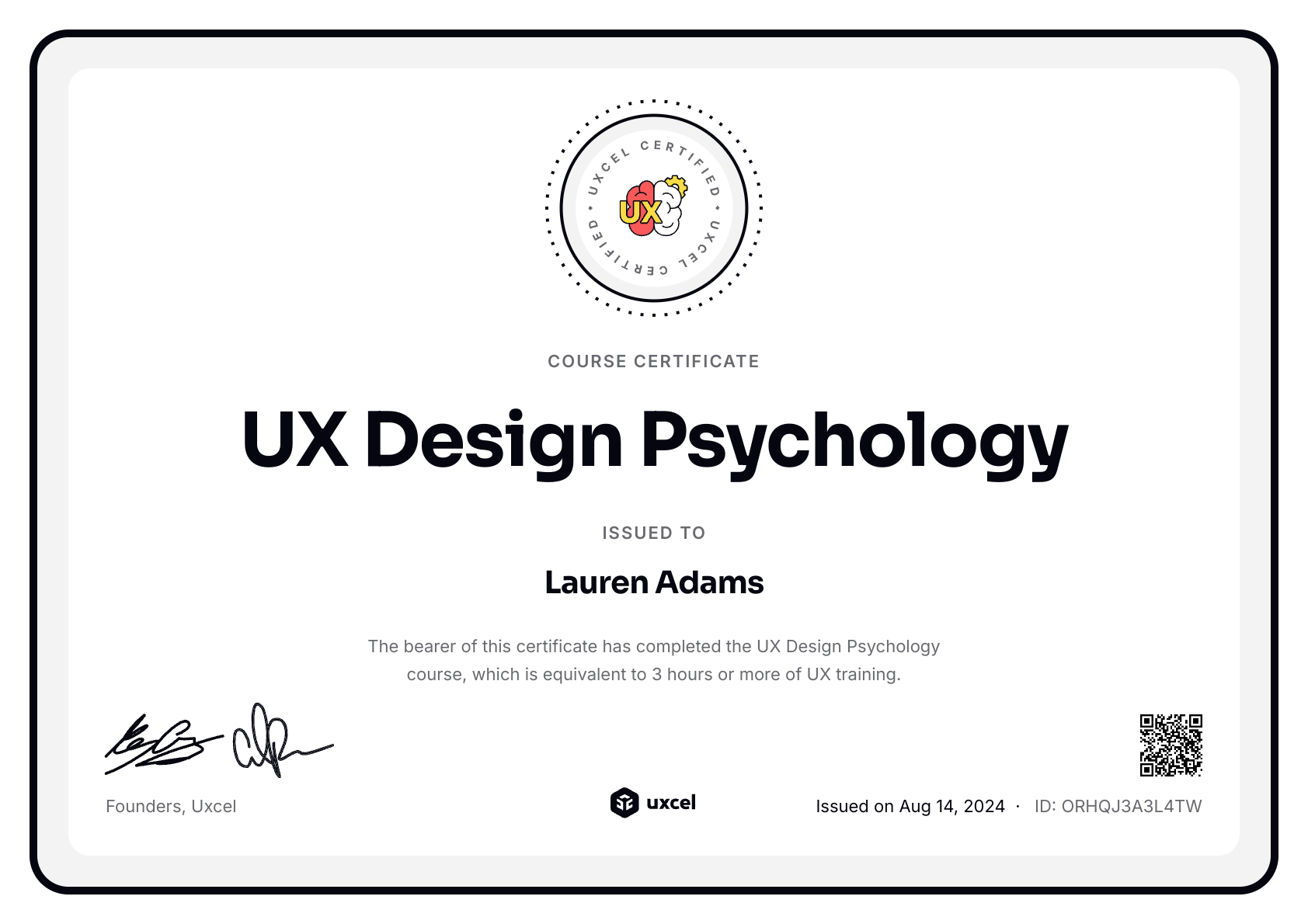 Lauren Adams's certificate